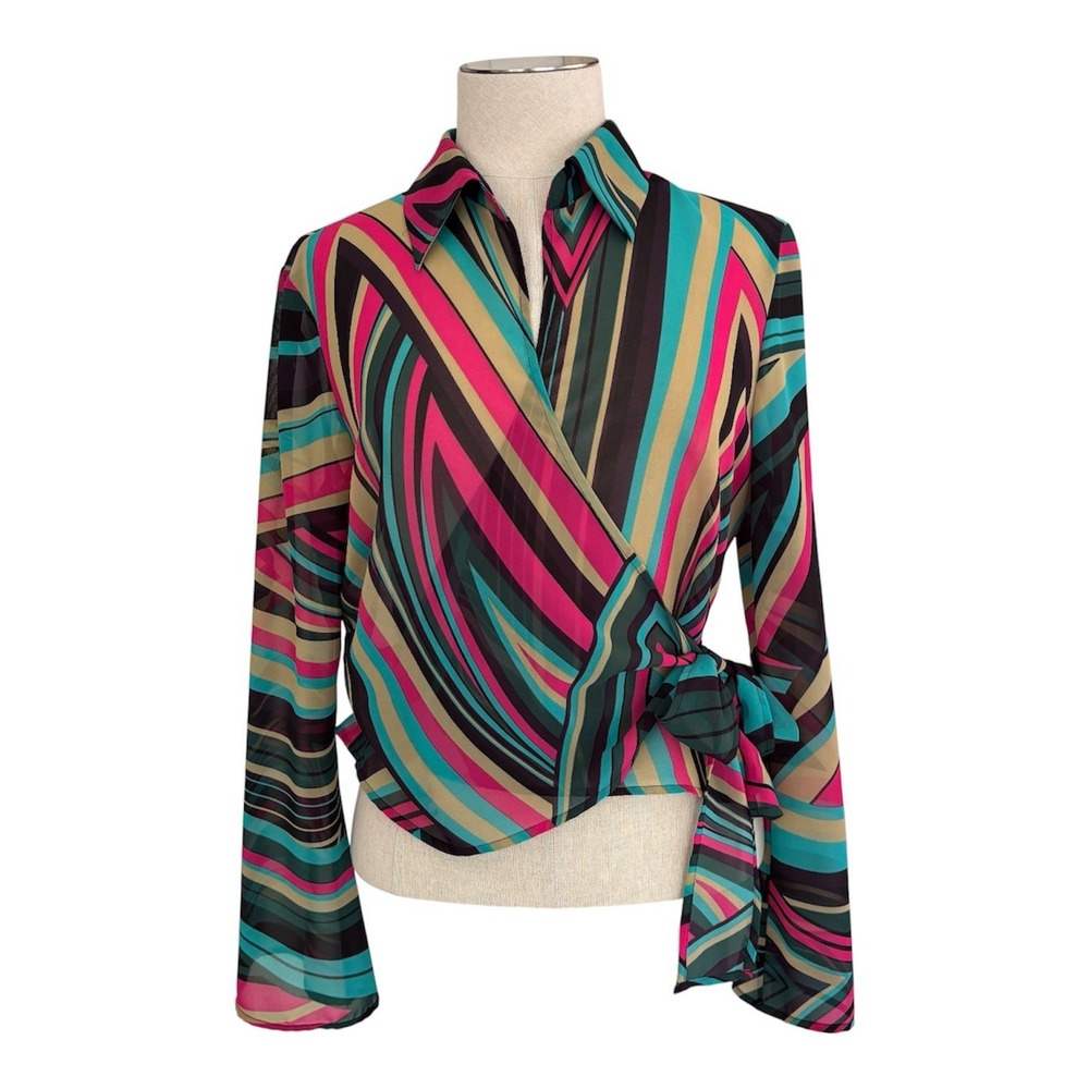 Marks & Spencer Women US 10 Y2K Wrap Blouse Sheer Tie Waist Striped Bell Sleeve